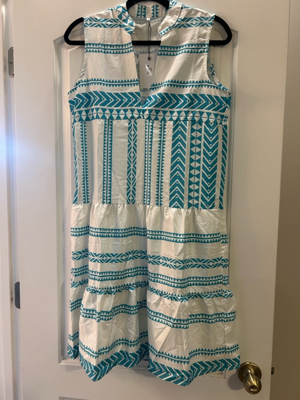 Sleeveless White Dress with Teal Geometric Print